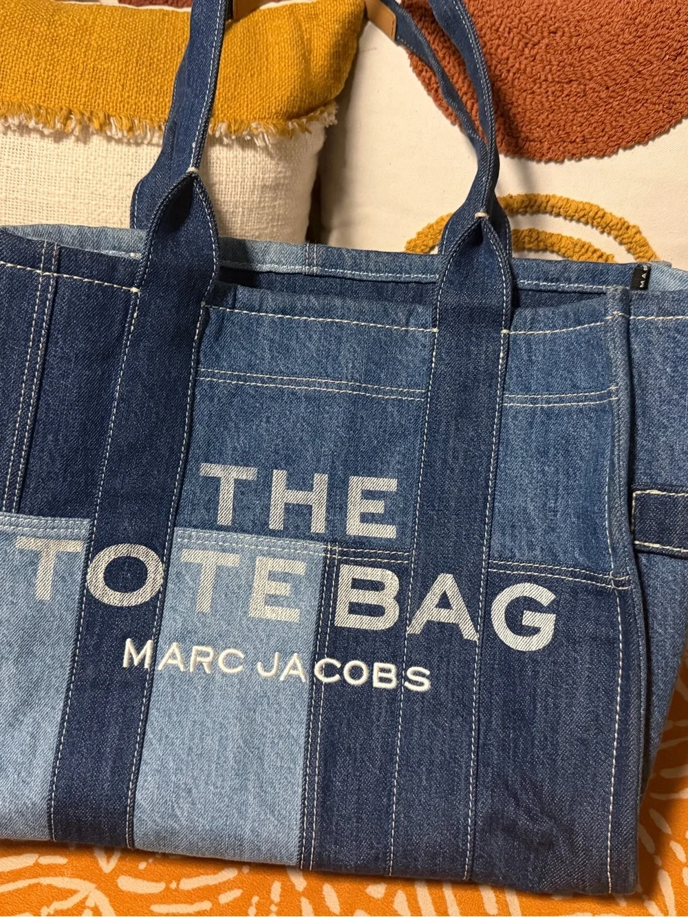 Marc Jacobs Large Patchwork Denim Tote with Tan Top Handle